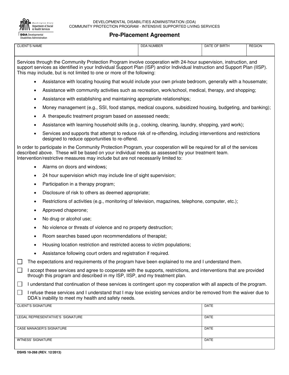 DSHS Form 10-268 Pre-placement Agreement (Developmental Disabilities Administration) - Washington, Page 1
