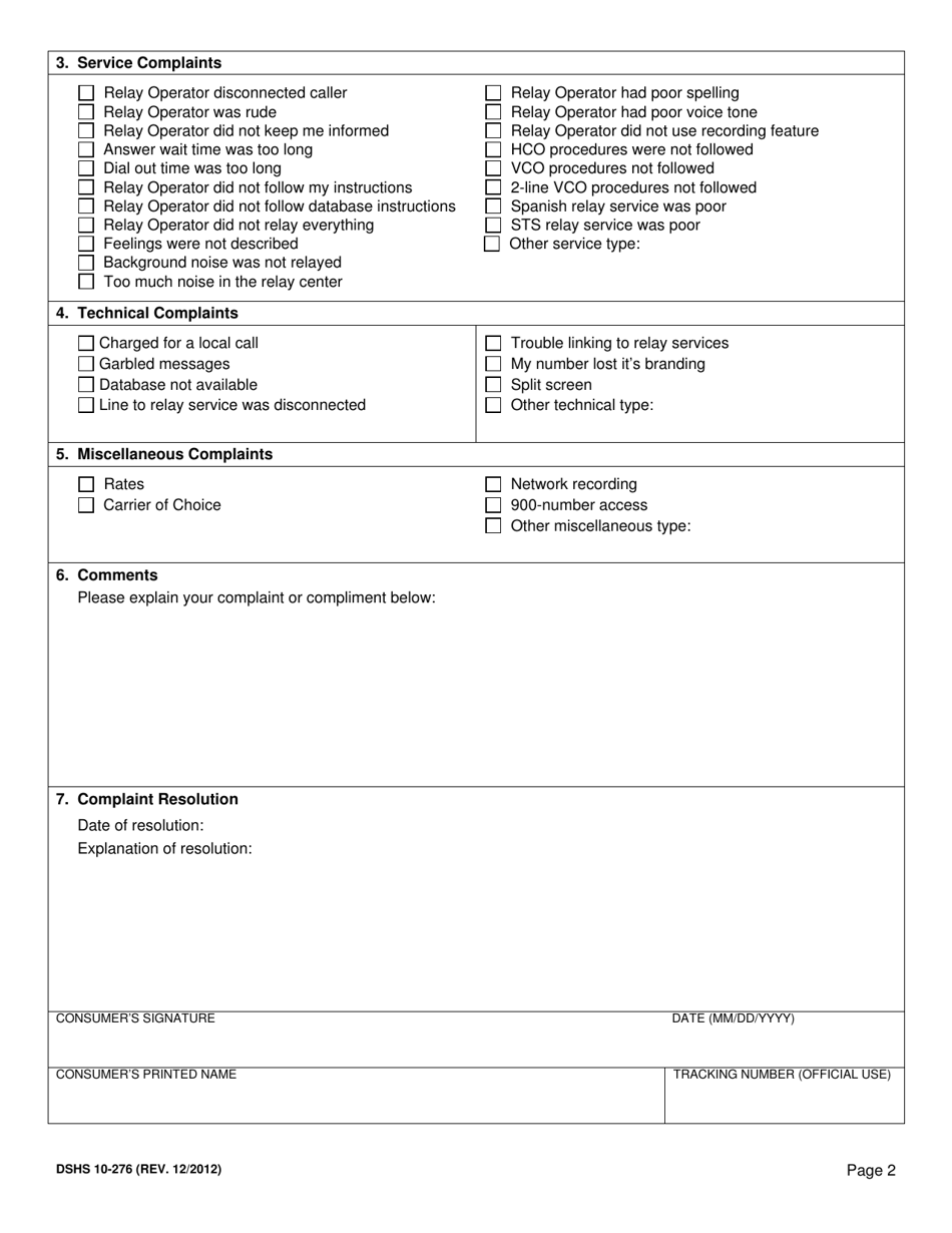 DSHS Form 10-276 Wtrs Consumer Response (Office of Deaf and Hard of Hearing) - Washington, Page 2