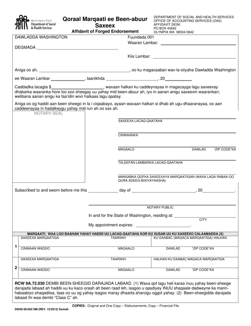 DSHS Form 09-052 Affidavit of Forged Endorsement - Washington (Somali)