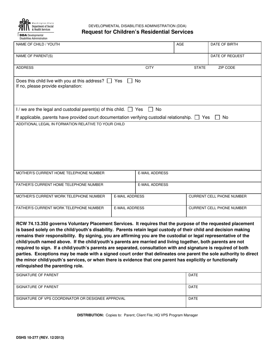 DSHS Form 10-277 Request for Childrens Residential Services - Washington, Page 1