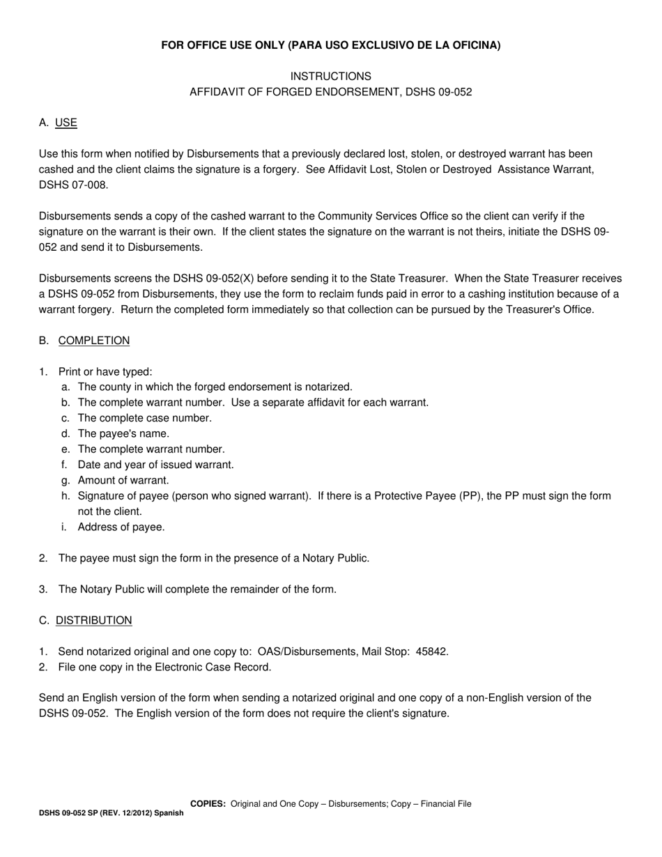 DSHS Form 09-052 Declaracion De Endoso Falsificado - Washington (English / Spanish), Page 2