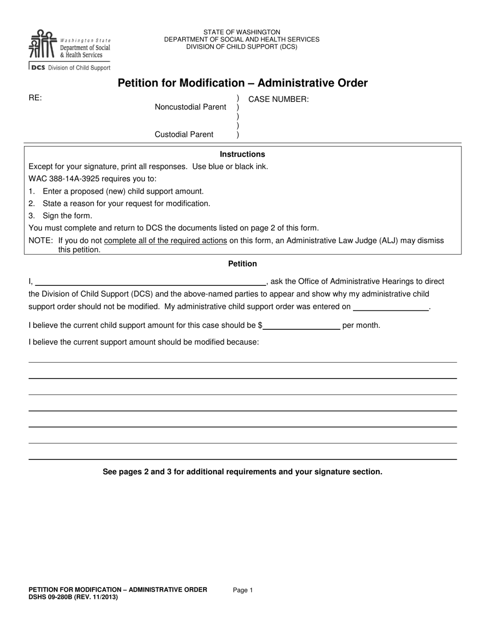 DSHS Form 09-280B Petition for Modification - Administrative Order - Washington, Page 1