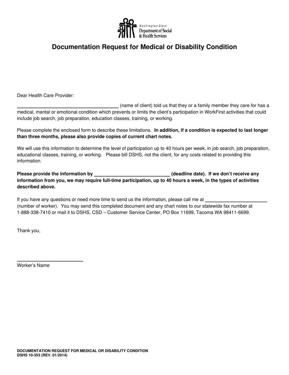 DSHS Form 10-353 Documentation Request for Medical or Disability Condition - Washington, Page 1