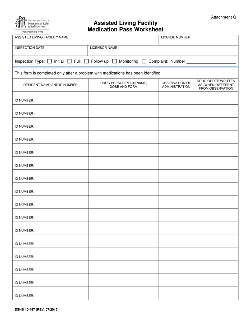DSHS Form 10-487 Attachment Q Assisted Living Facility Medication Pass Worksheet - Washington, Page 1
