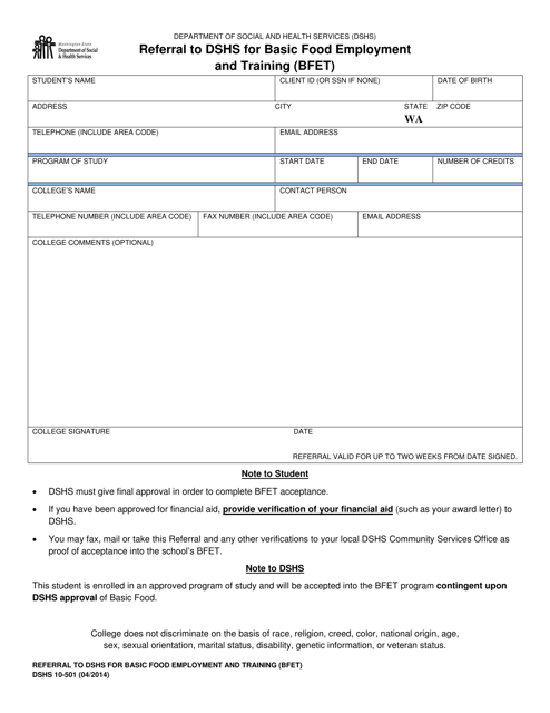 DSHS Form 10-501 Referral to Dshs for Basic Food Employment and Training (Bfet) - Washington