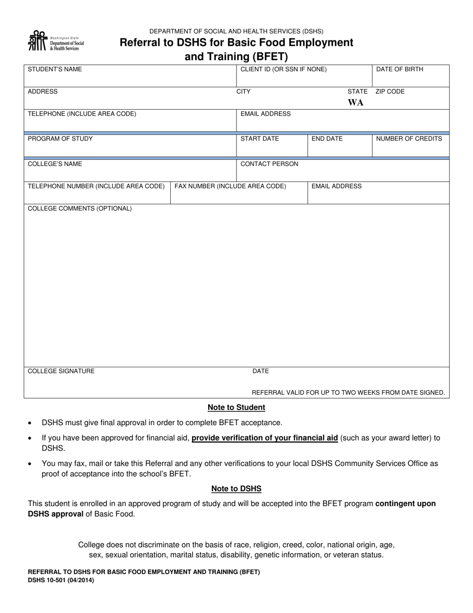 DSHS Form 10-501 Referral to Dshs for Basic Food Employment and Training (Bfet) - Washington, Page 1