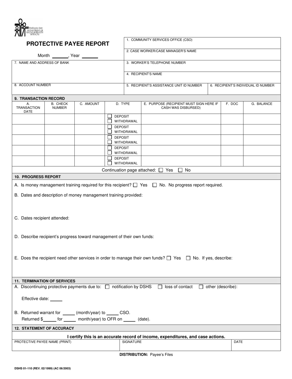 DSHS Form 01-110 Protective Payee Report - Washington, Page 1