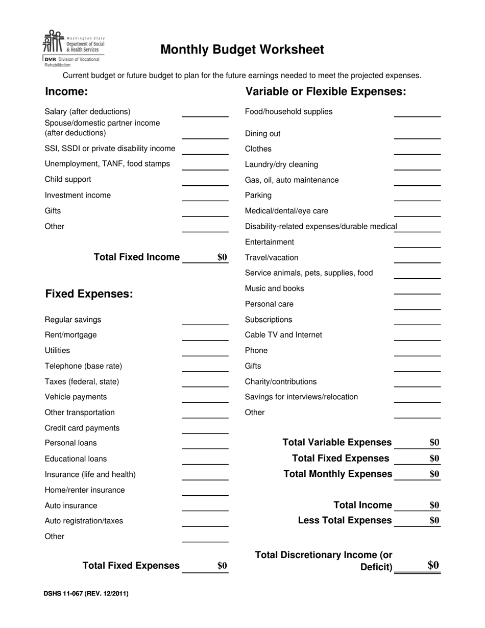 DSHS Form 11-067 Monthly Budget Worksheet (Division of Vocational Rehabilitation) - Washington, Page 1