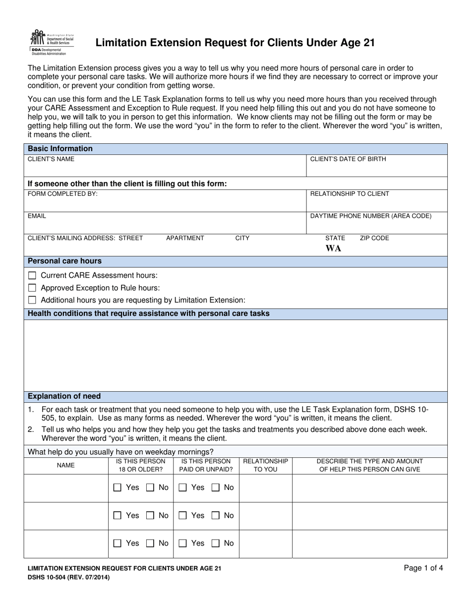 DSHS Form 10-504 Limitation Extension Request for Clients Under Age 21 - Washington, Page 1