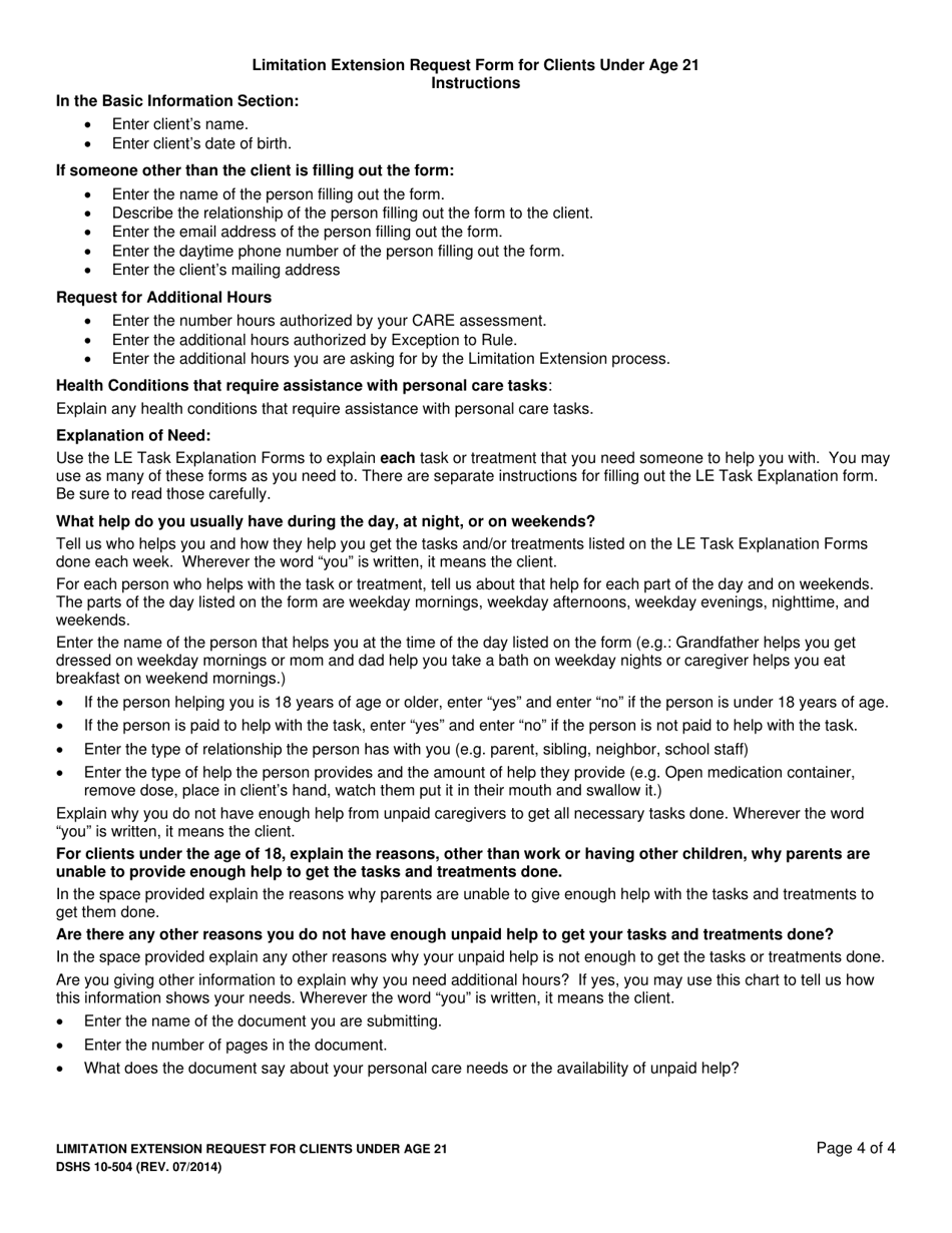 DSHS Form 10-504 Limitation Extension Request for Clients Under Age 21 - Washington, Page 4