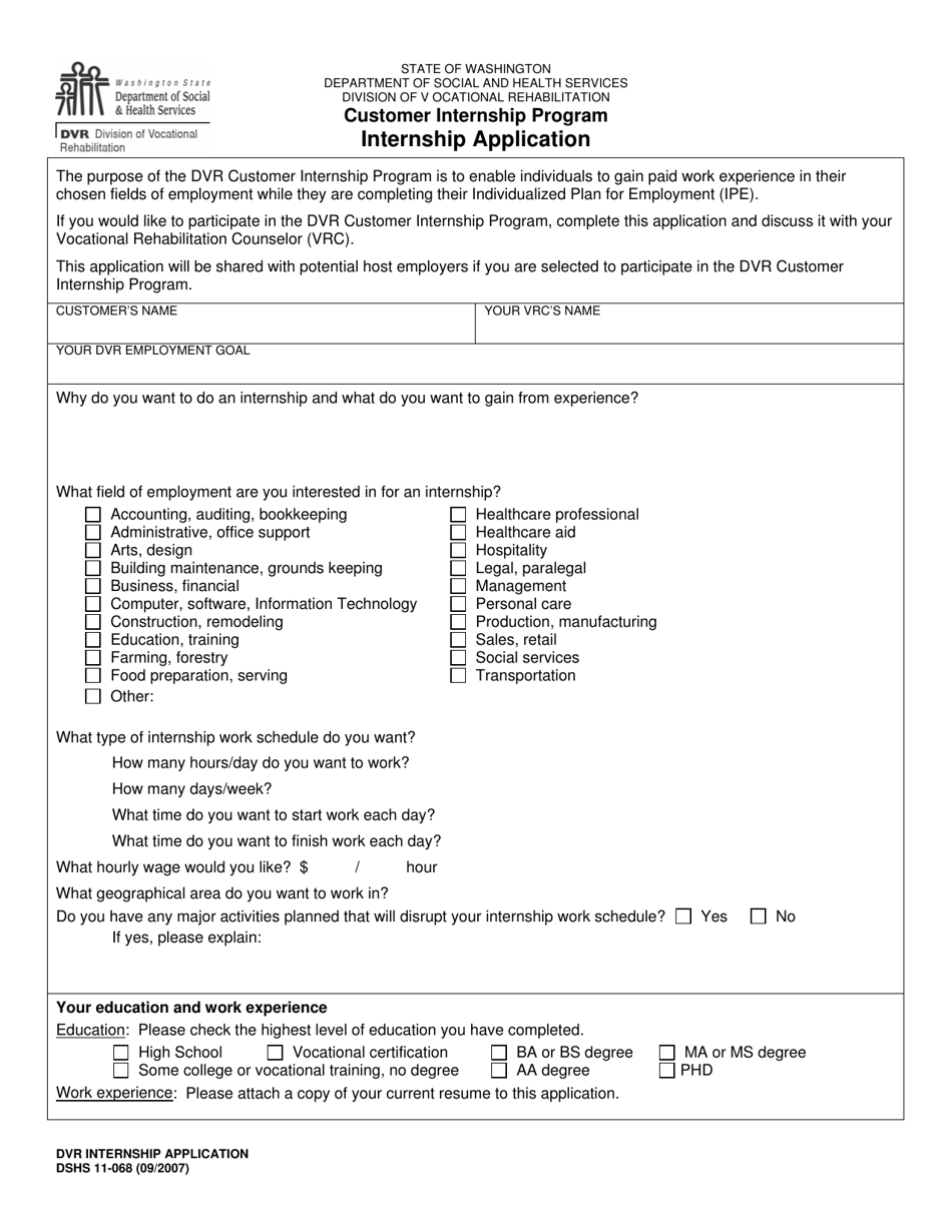 DSHS Form 11-068 Dvr Internship Application (Division of Vocational Rehabilitation) - Washington, Page 1