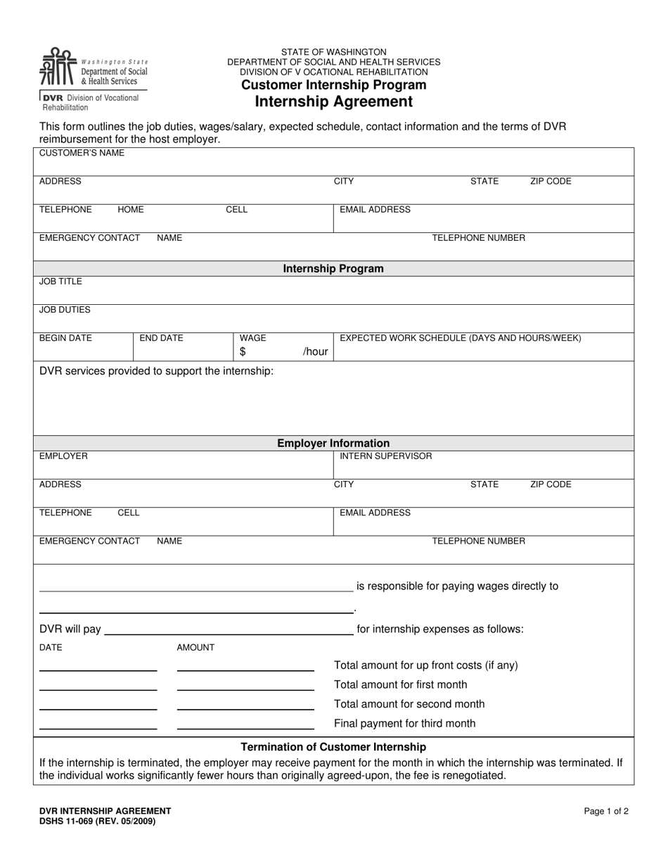 DSHS Form 11-069 Dvr Internship Agreement (Division of Vocational Rehabilitation) - Washington, Page 1