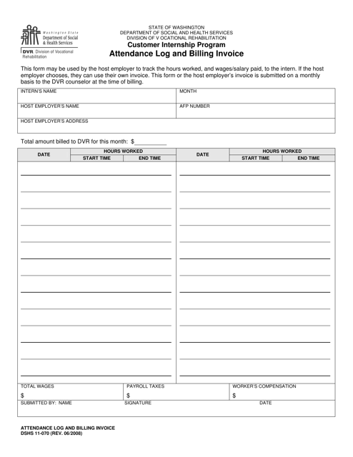DSHS Form 11-070 Attendance Log and Billing Invoice - Washington