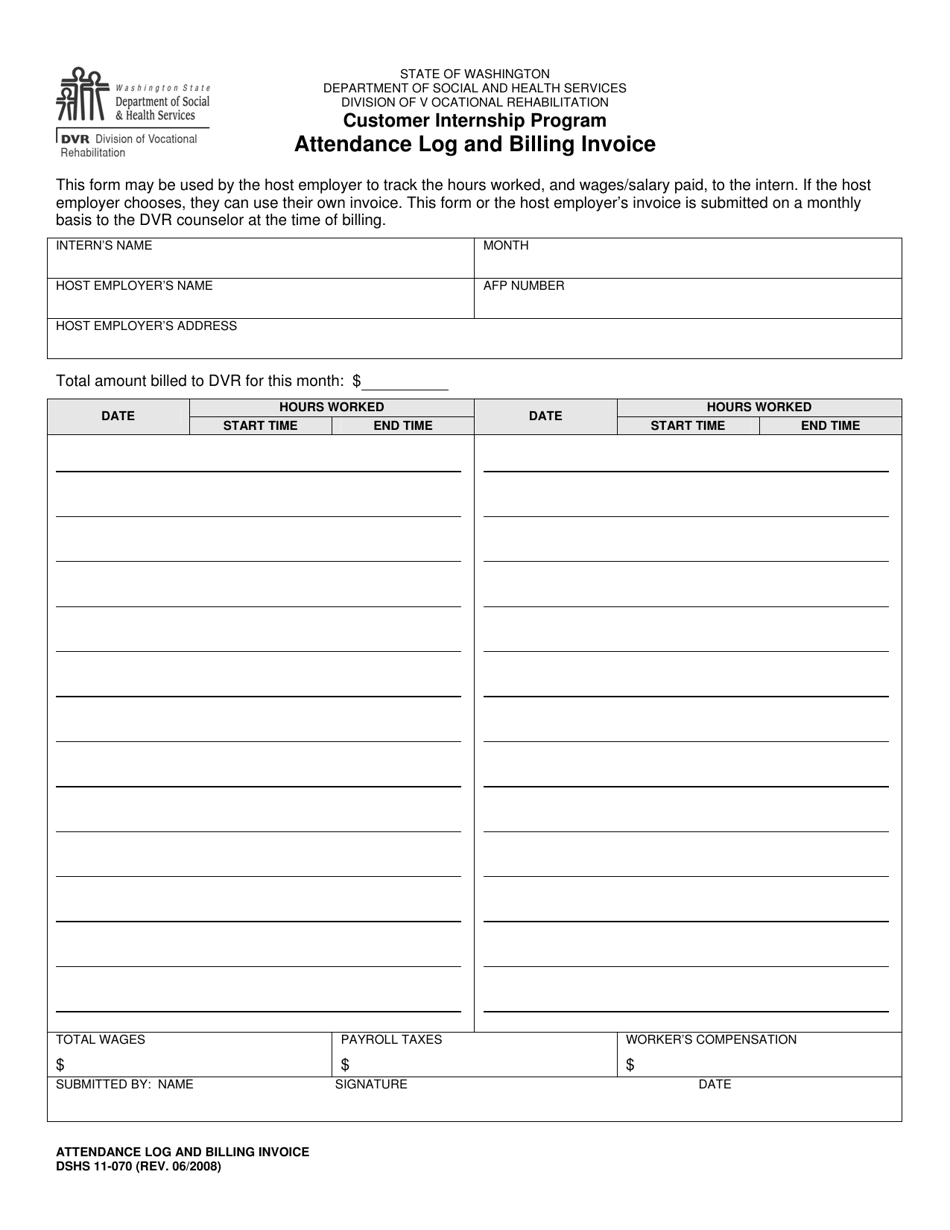 DSHS Form 11-070 Attendance Log and Billing Invoice - Washington, Page 1