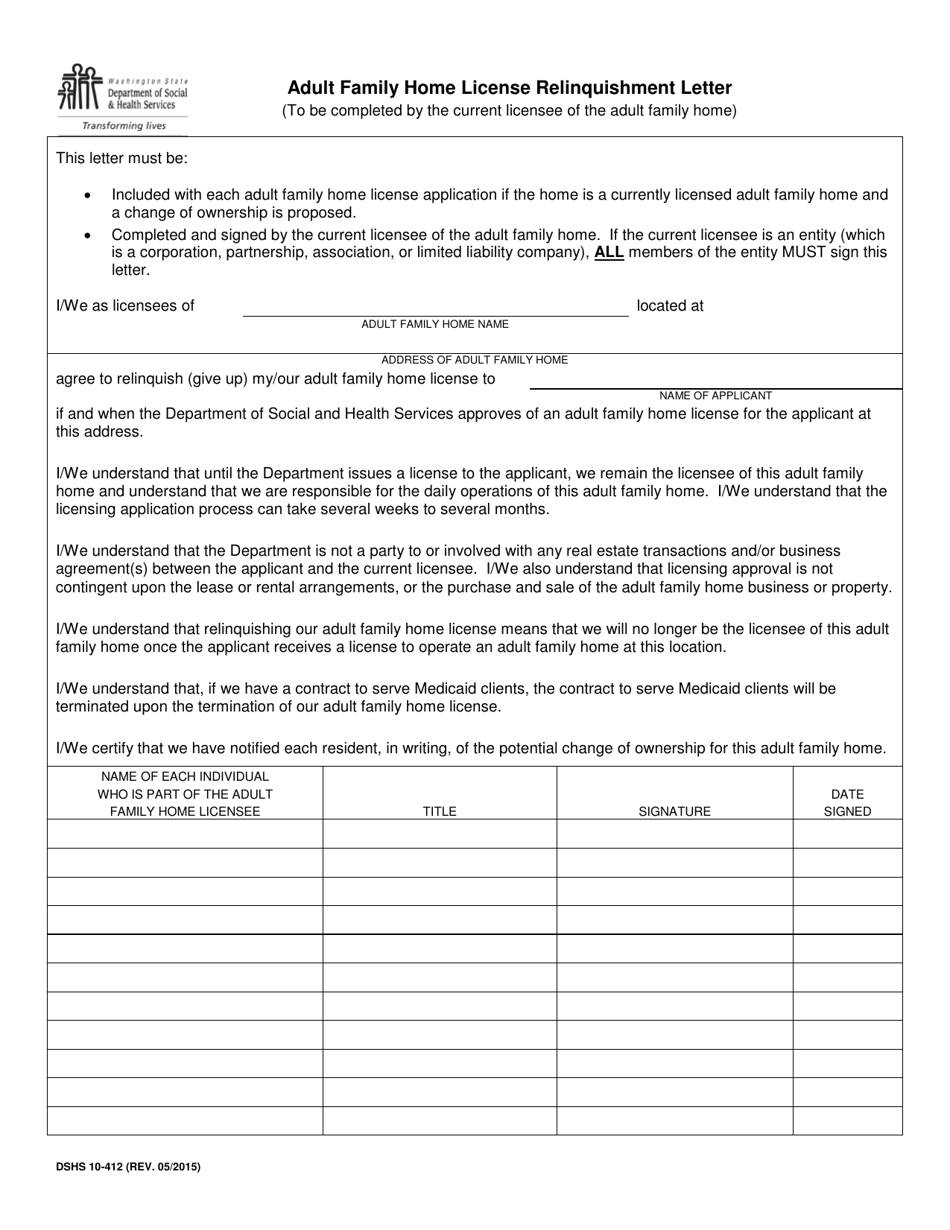 DSHS Form 10-412 Adult Family Home License Relinquishment Letter - Washington, Page 1