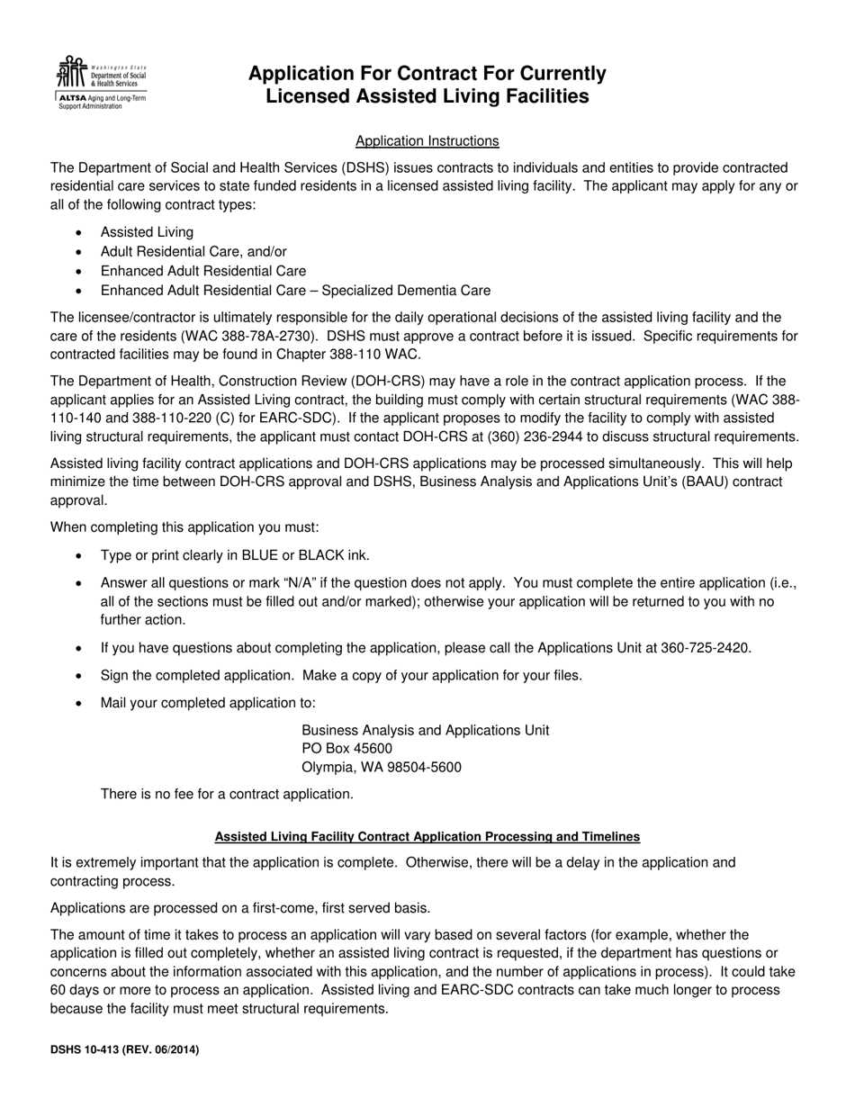 DSHS Form 10-413 Application for Contract for Currently Licensed Boarding Home - Washington, Page 1