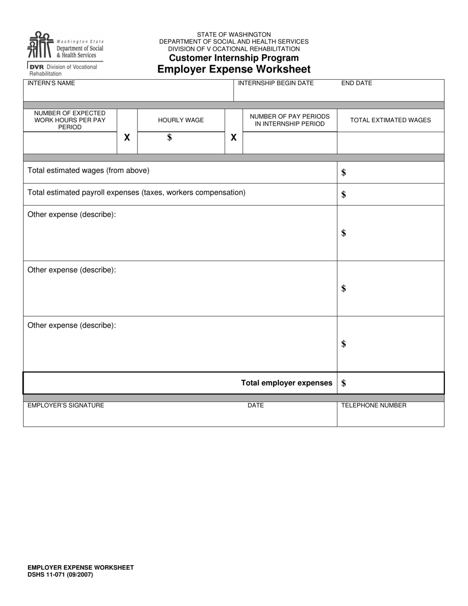 DSHS Form 11-071 Dvr Employer Expense Worksheet (Division of Vocational Rehabilitation) - Washington, Page 1