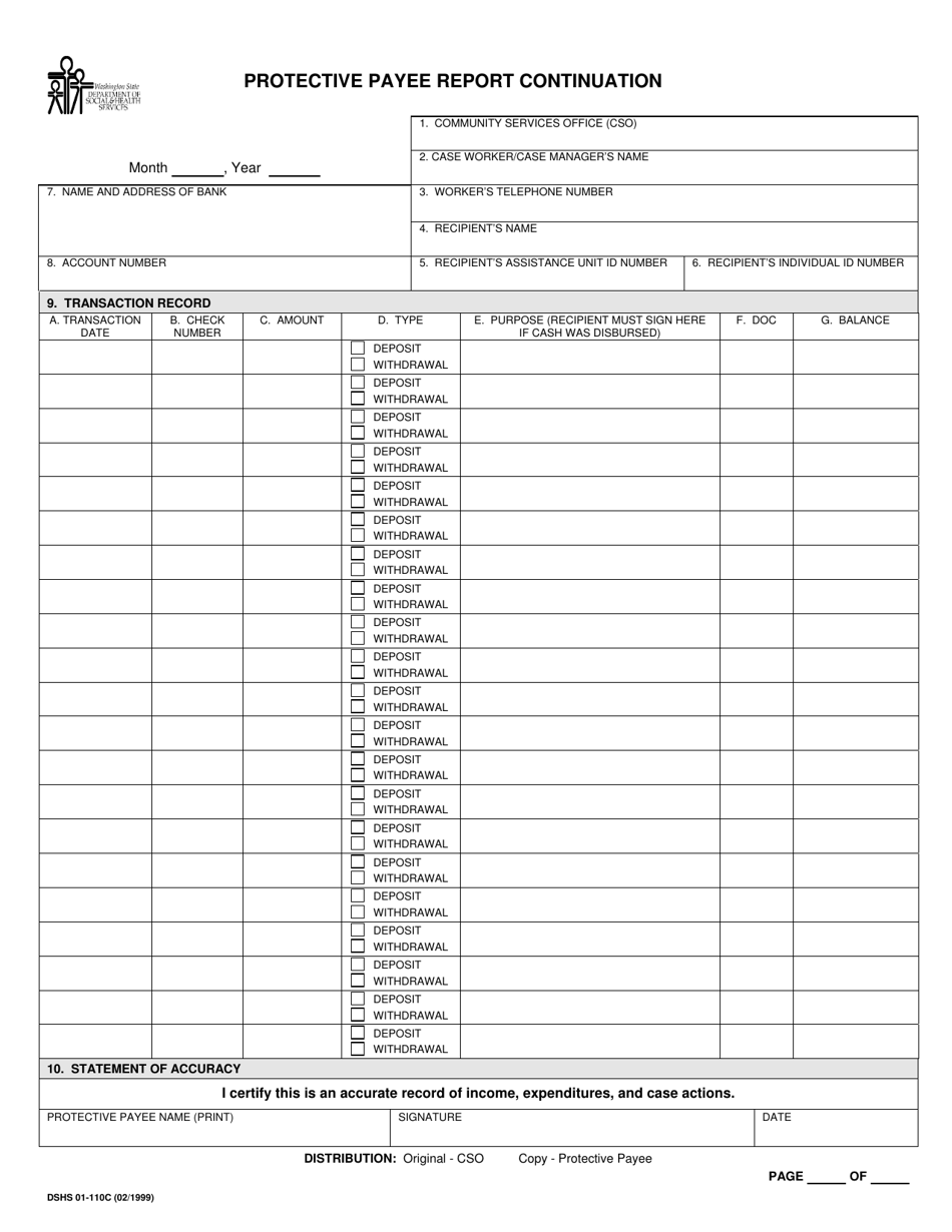 DSHS Form 01-110C Protective Payee Report Continuation - Washington, Page 1