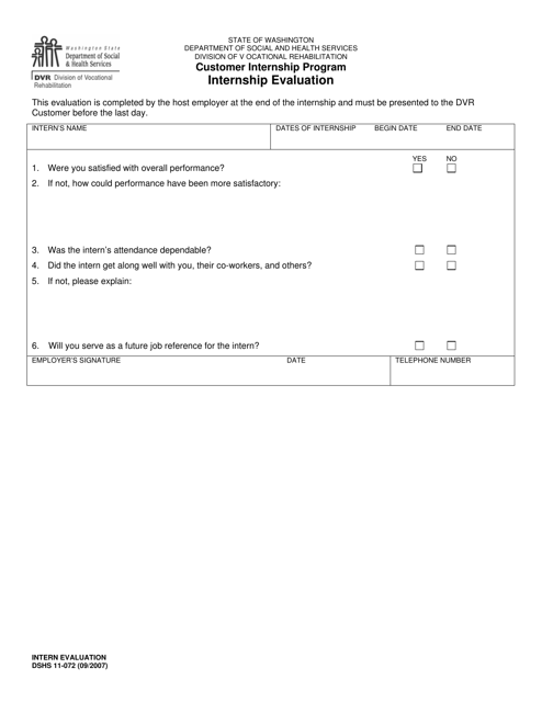DSHS Form 11-072 Customer Internship Program Internship Evaluation - Washington