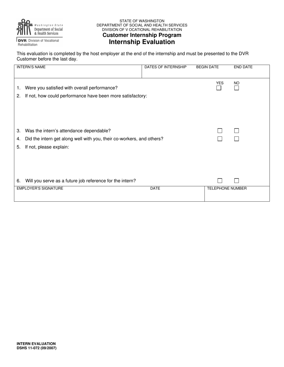 DSHS Form 11-072 Customer Internship Program Internship Evaluation - Washington, Page 1