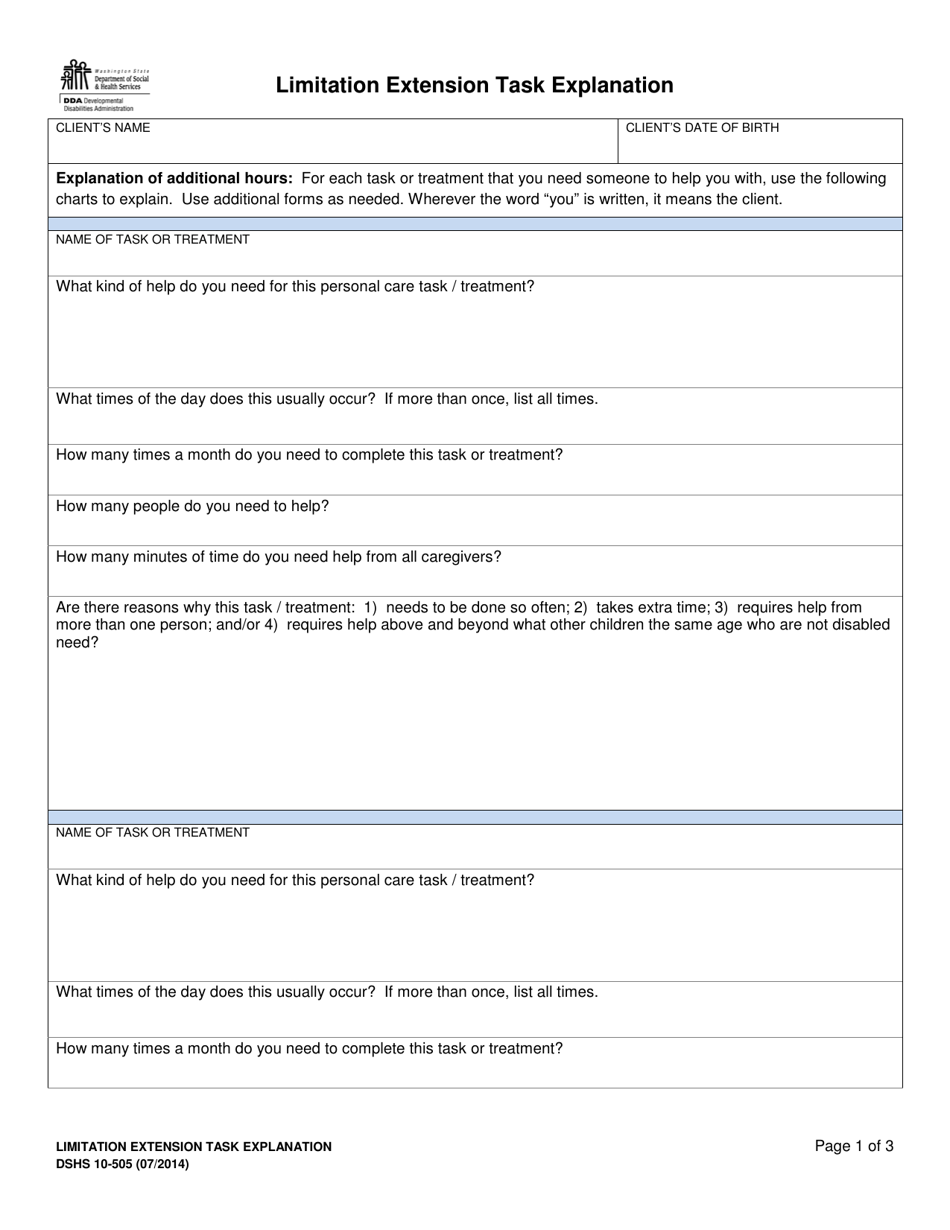 DSHS Form 10-505 Limitation Extension Task Explanation - Washington, Page 1