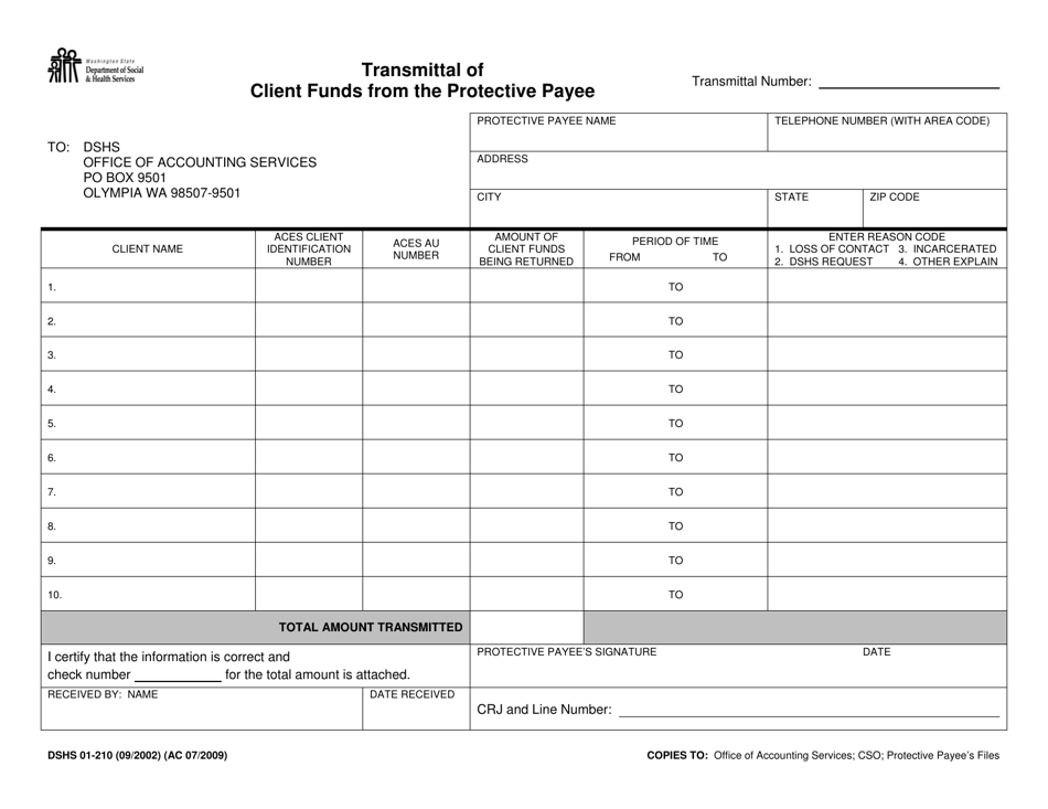 DSHS Form 01-210 Transmittal of Client Funds From the Protective Payee - Washington, Page 1