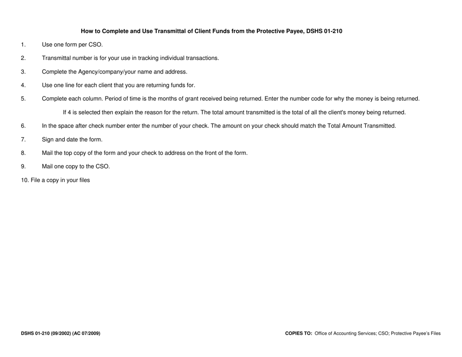 DSHS Form 01-210 Transmittal of Client Funds From the Protective Payee - Washington, Page 2