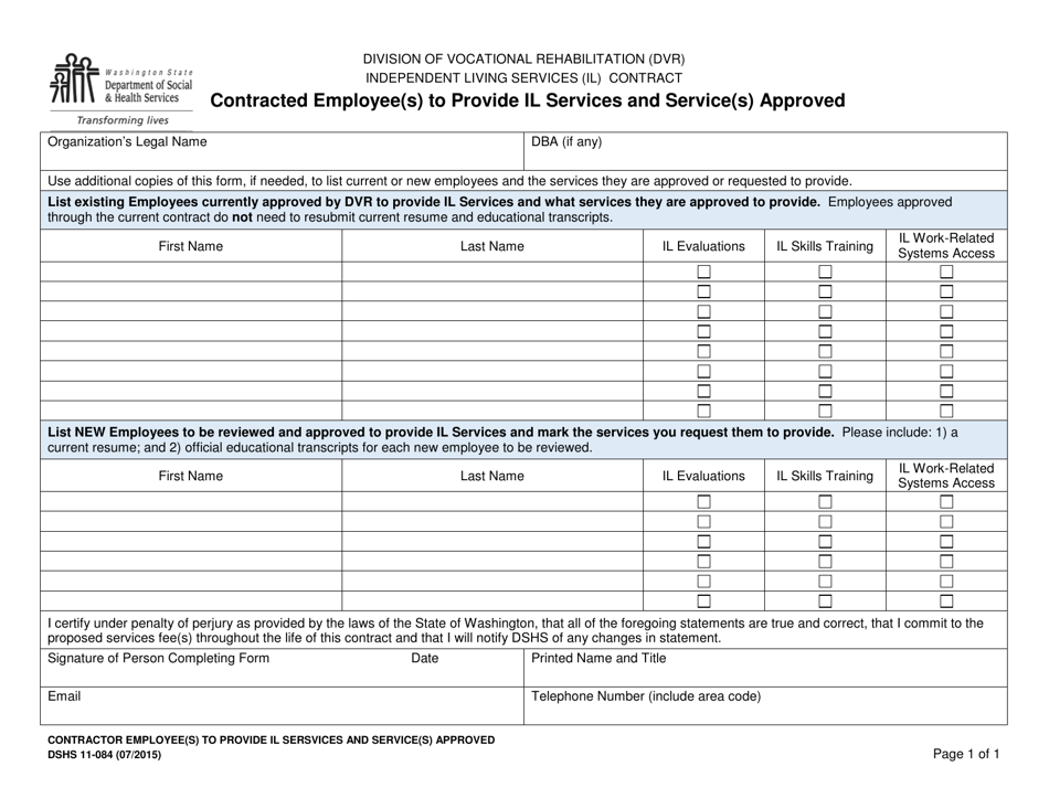 DSHS Form 11-084 Contracted Employee(S) to Provide IL Services and Service(S) Approved - Washington, Page 1