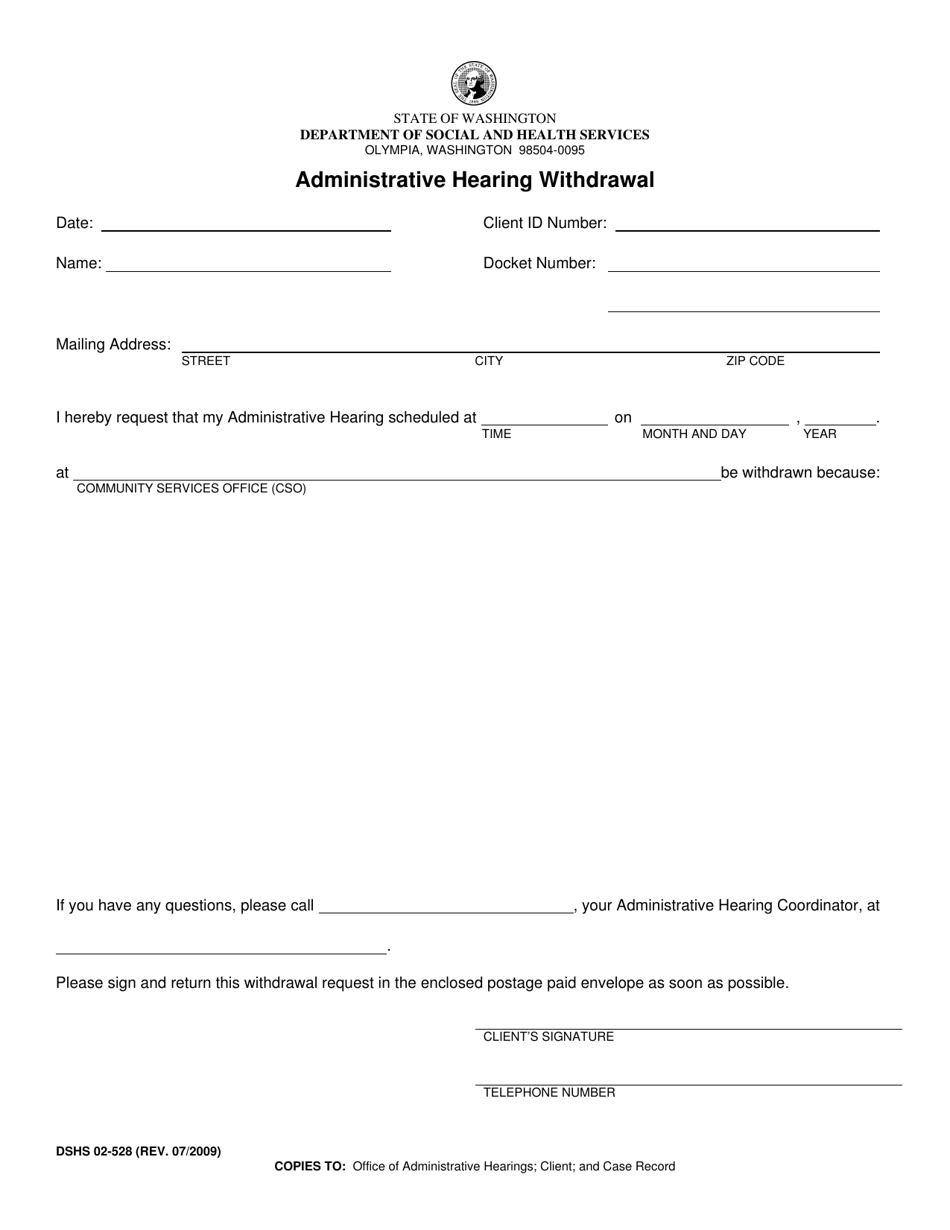 DSHS Form 02-528 Administrative Hearing Withdrawal - Washington, Page 1