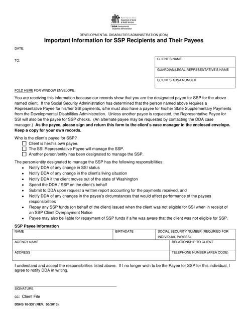 DSHS Form 10-337 Important Information for SSP Recipients and Their Payees - Washington
