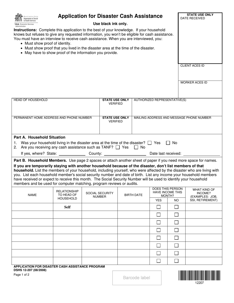 DSHS Form 12-207 Application for Disaster Cash Assistance - Washington, Page 1