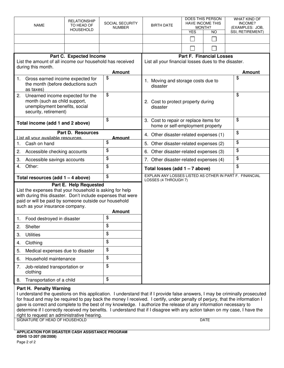 DSHS Form 12-207 Application for Disaster Cash Assistance - Washington, Page 2