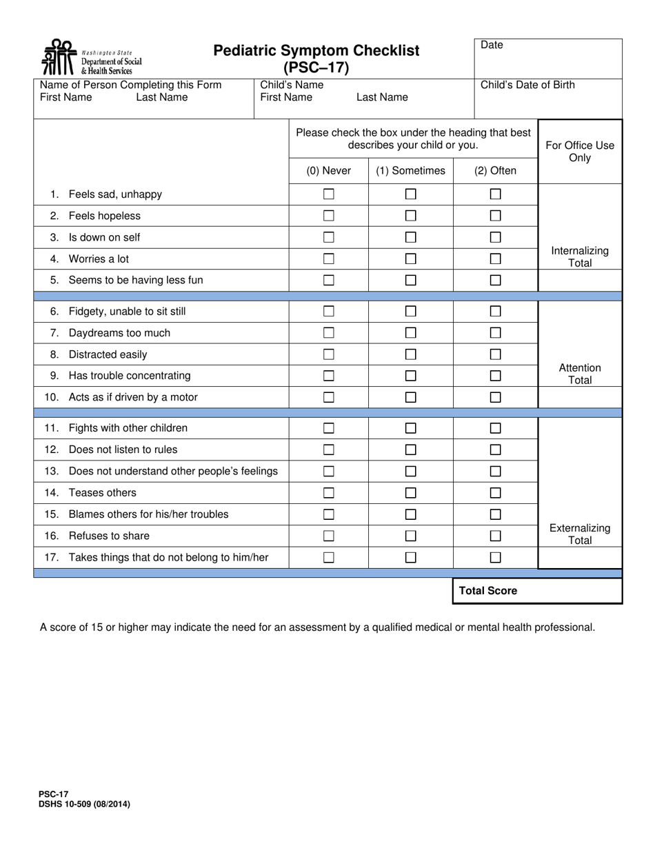DSHS Form 10-509 Form Psc-17 - Pediatric Symptom Checklist - Washington, Page 1