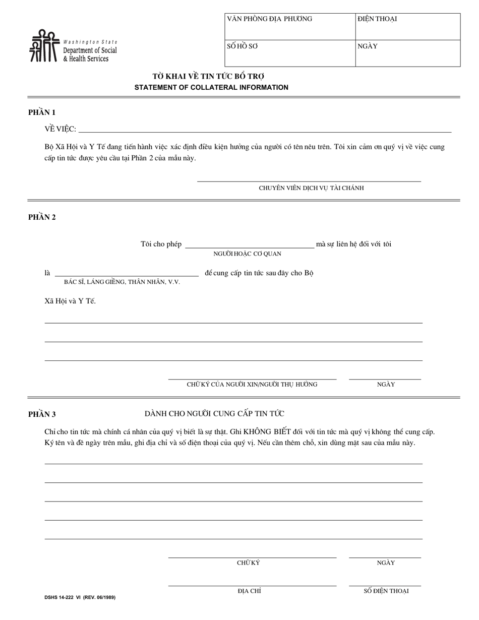 DSHS Form 14-222 Statement of Collateral Information - Washington (Vietnamese), Page 1