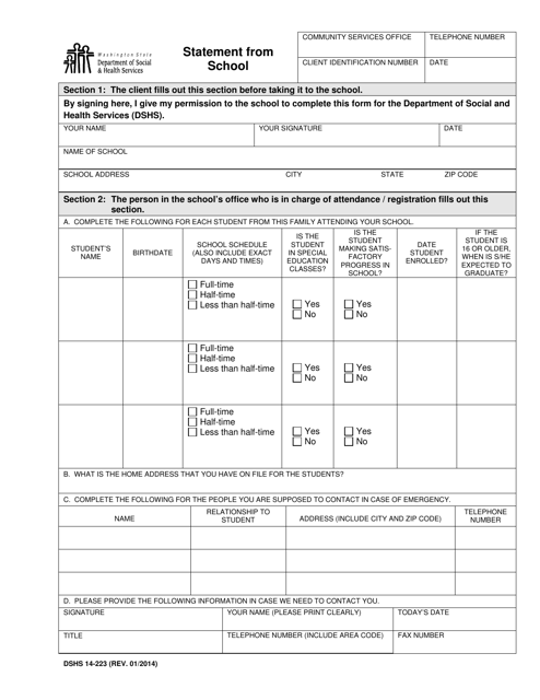 DSHS Form 14-223 Statement From School - Washington