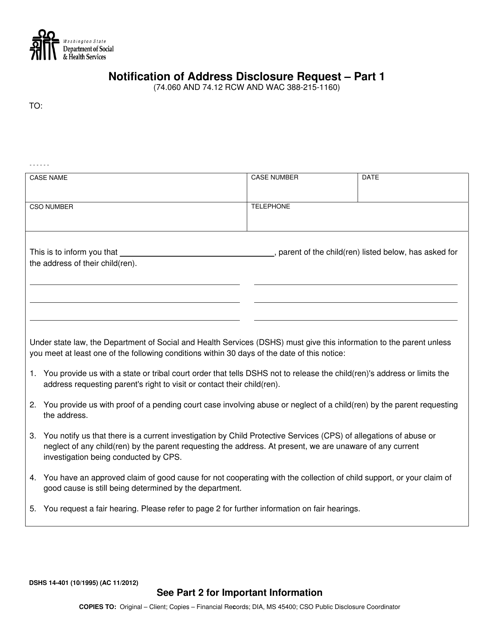 DSHS Form 14-401 Notification of Address Disclosure Request - Part 1 - Washington