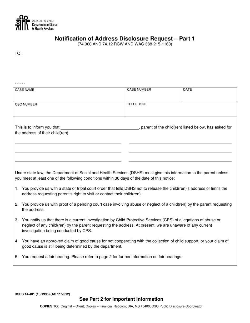 DSHS Form 14-401 Notification of Address Disclosure Request - Part 1 - Washington, Page 1