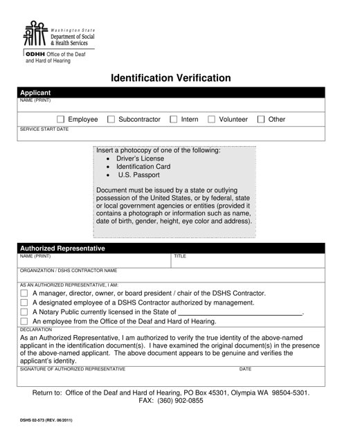 DSHS Form 02-573 Background Check Identification Verification - Washington