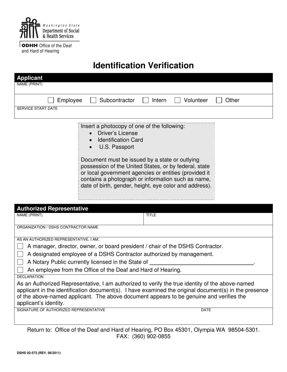 DSHS Form 02-573 Background Check Identification Verification - Washington, Page 1