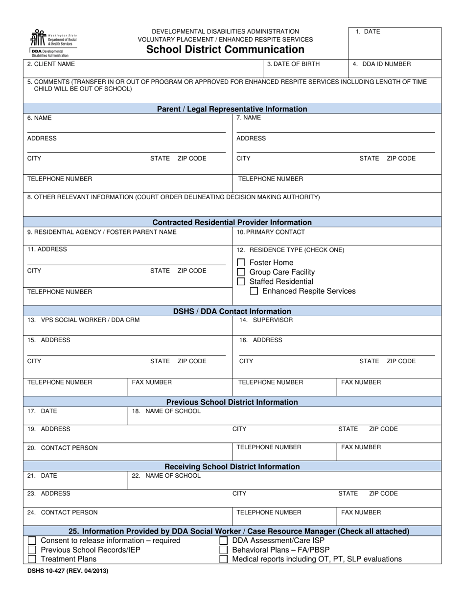 DSHS Form 10-427 School District Communication - Washington, Page 1