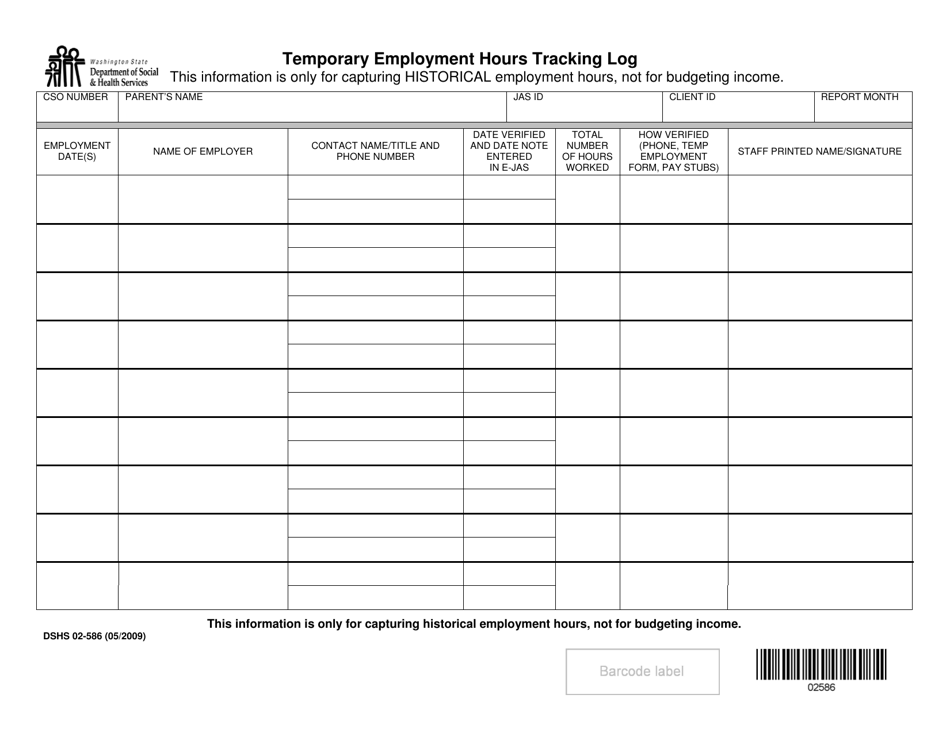 DSHS Form 02-586 Temporary Employment Hours Tracking Log - Washington, Page 1