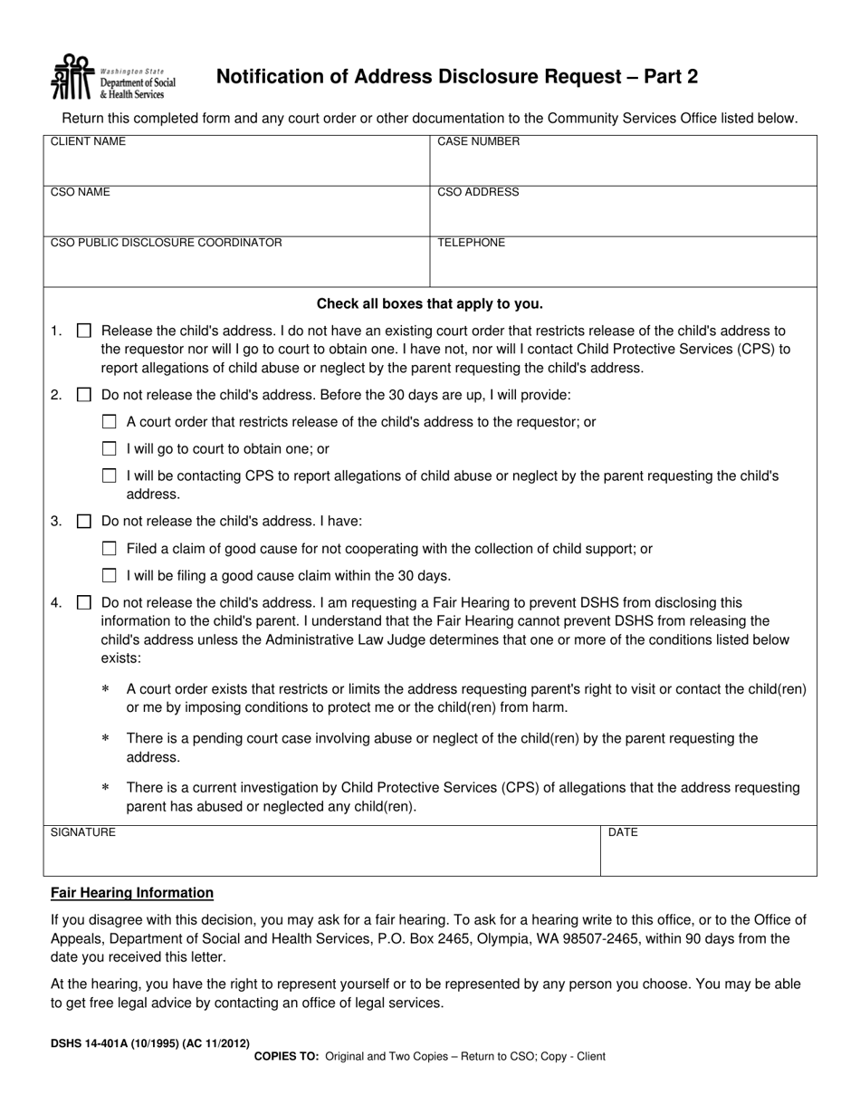 DSHS Form 14-401A Notification of Address Disclosure Request - Part 2 - Washington, Page 1