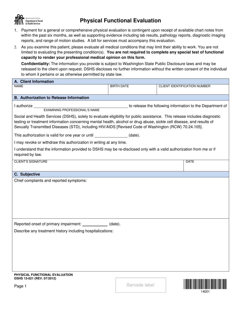 DSHS Form 13-021 Physical Evaluation - Washington, Page 1