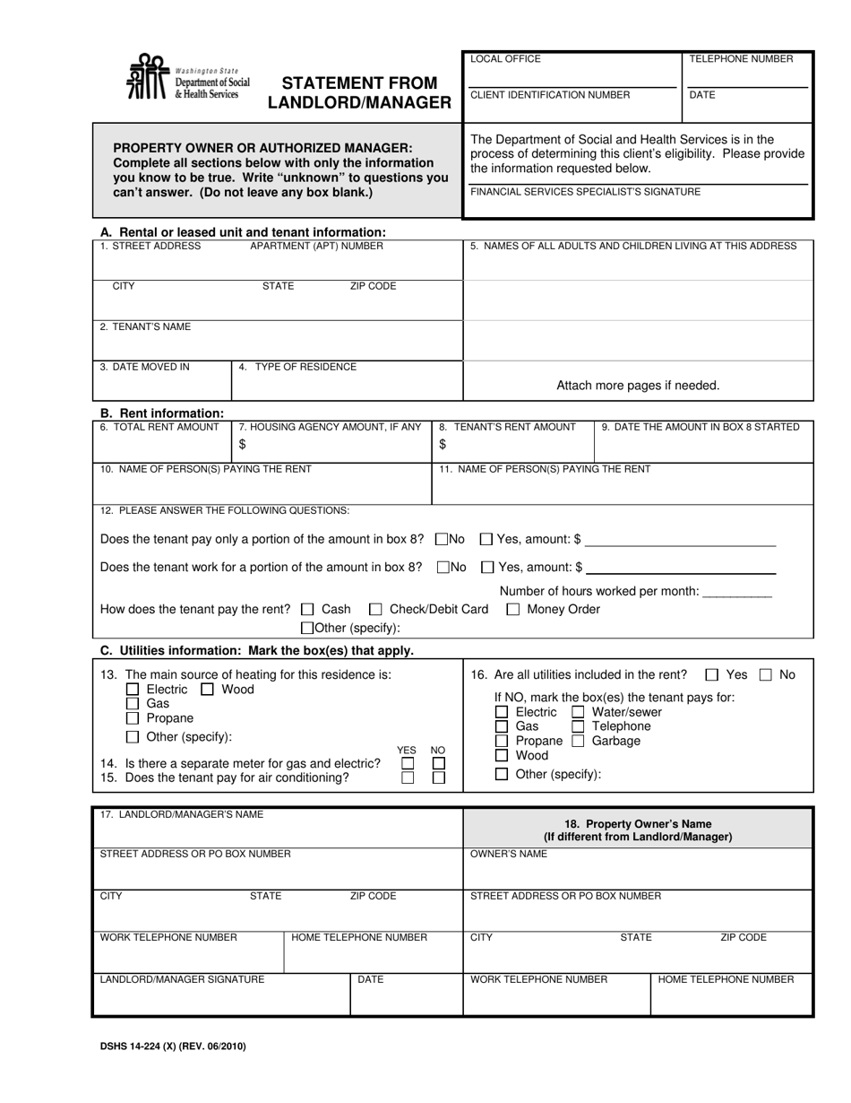 DSHS Form 14-224 Statement From Landlord / Manager - Washington, Page 1