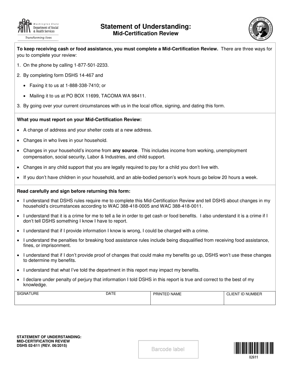 DSHS Form 02-611 Statement of Understanding: Mid-certification Review - Washington, Page 1