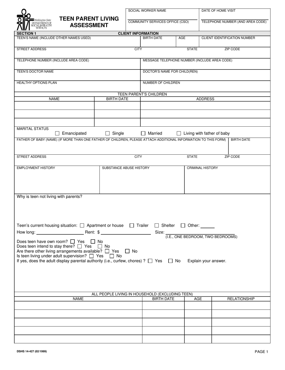 DSHS Form 14-427 Teen Parent Living Assessment - Washington, Page 1