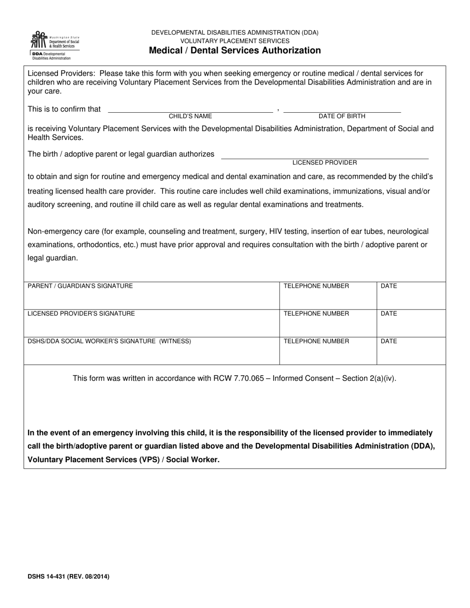 DSHS Form 14-431 Medical / Dental Services Authorization (Voluntary Placement Services) (Developmental Disabilities Administration) - Washington, Page 1