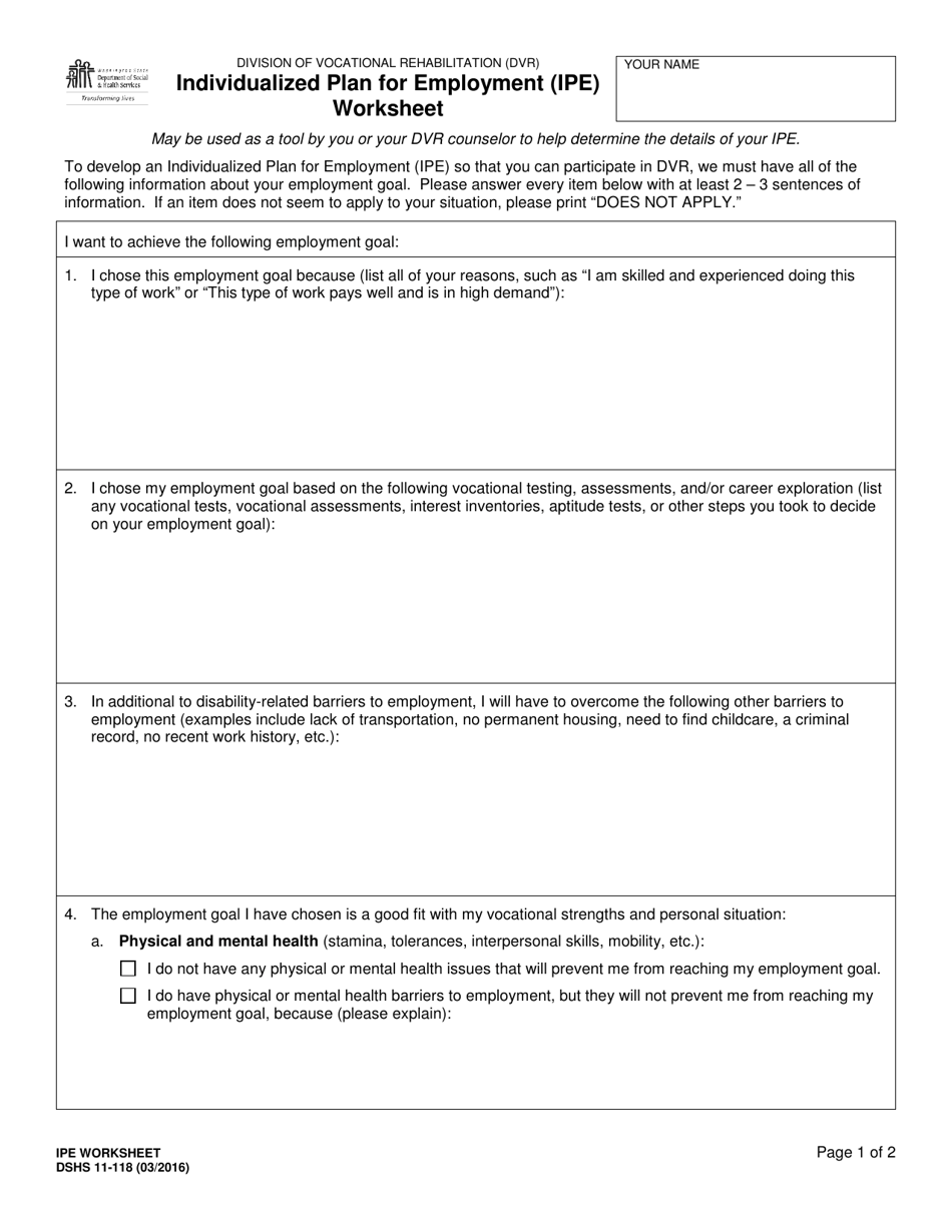 DSHS Form 11-118 Individualized Plan for Employment (Ipe) Worksheet (Division of Vocational Rehabilitation) - Washington, Page 1