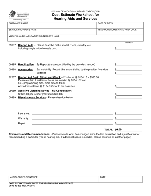 DSHS Form 10-393 Cost Estimate Worksheet for Hearing AIDS and Services - Washington