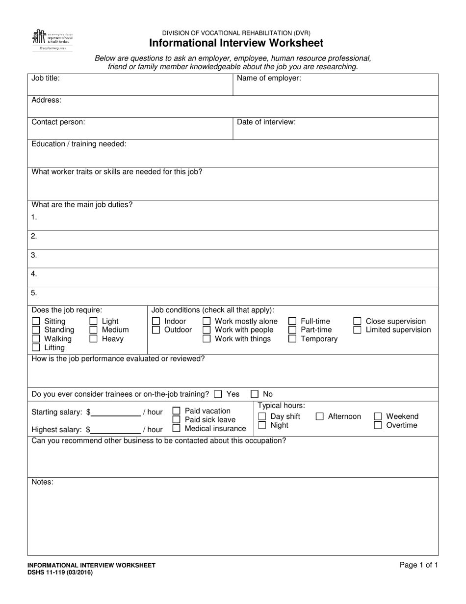 DSHS Form 11-119 Informational Interview Worksheet (Division of Vocational Rehabilitation) - Washington, Page 1